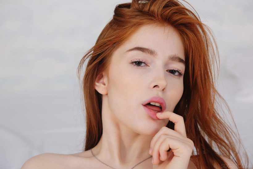 Porcelain pale beauty Jia Lissa lies on her bed in sexy blue lingerie 20