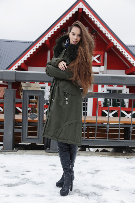 Take a trip to a winter wonderland with stunning Leona Mia, then feel the temperature soar as she takes off her cozy sweater to  4